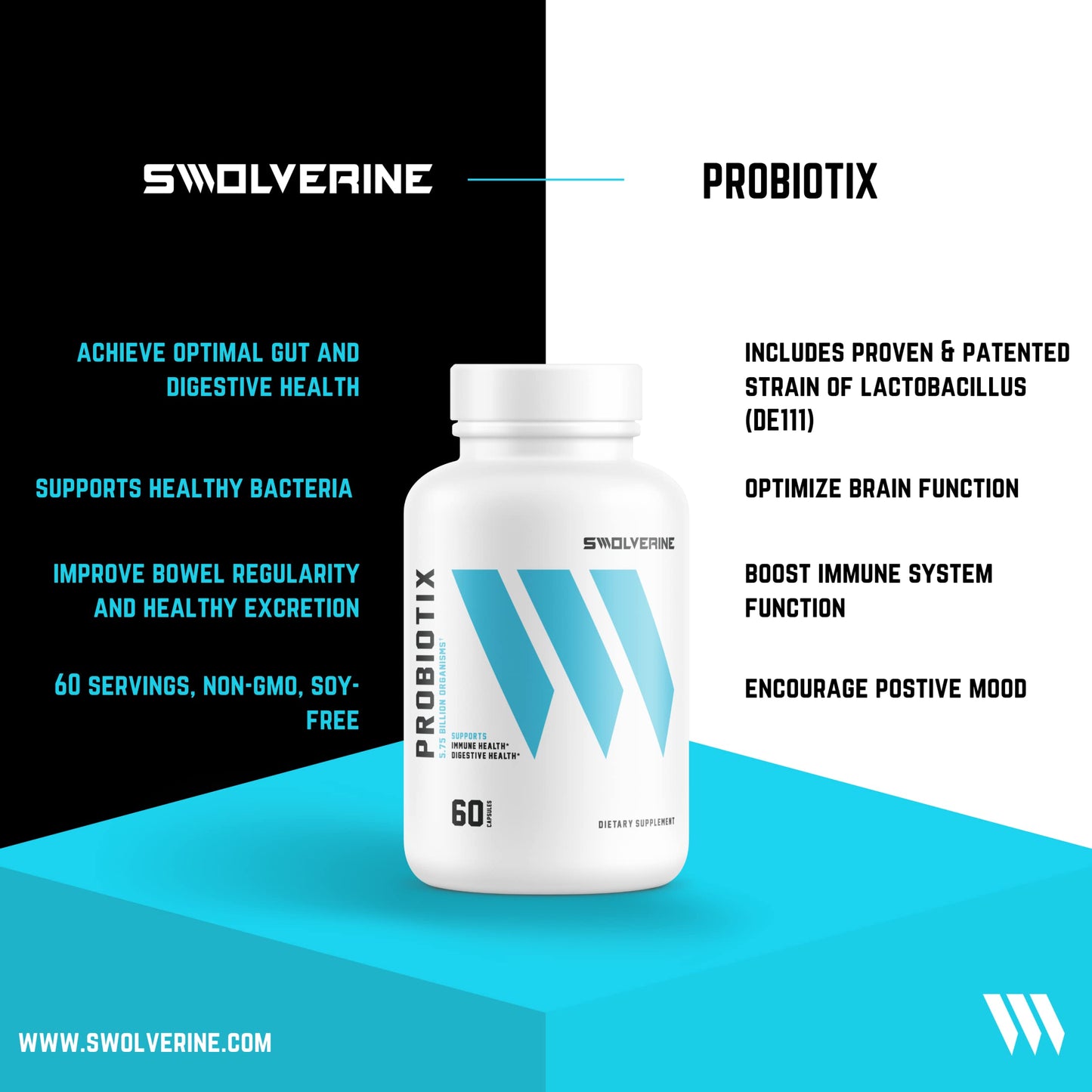Swolverine Probiotix Probiotic Supplement | Digestive, Gut & Immune Support | DE111 Bacillus Subtilis