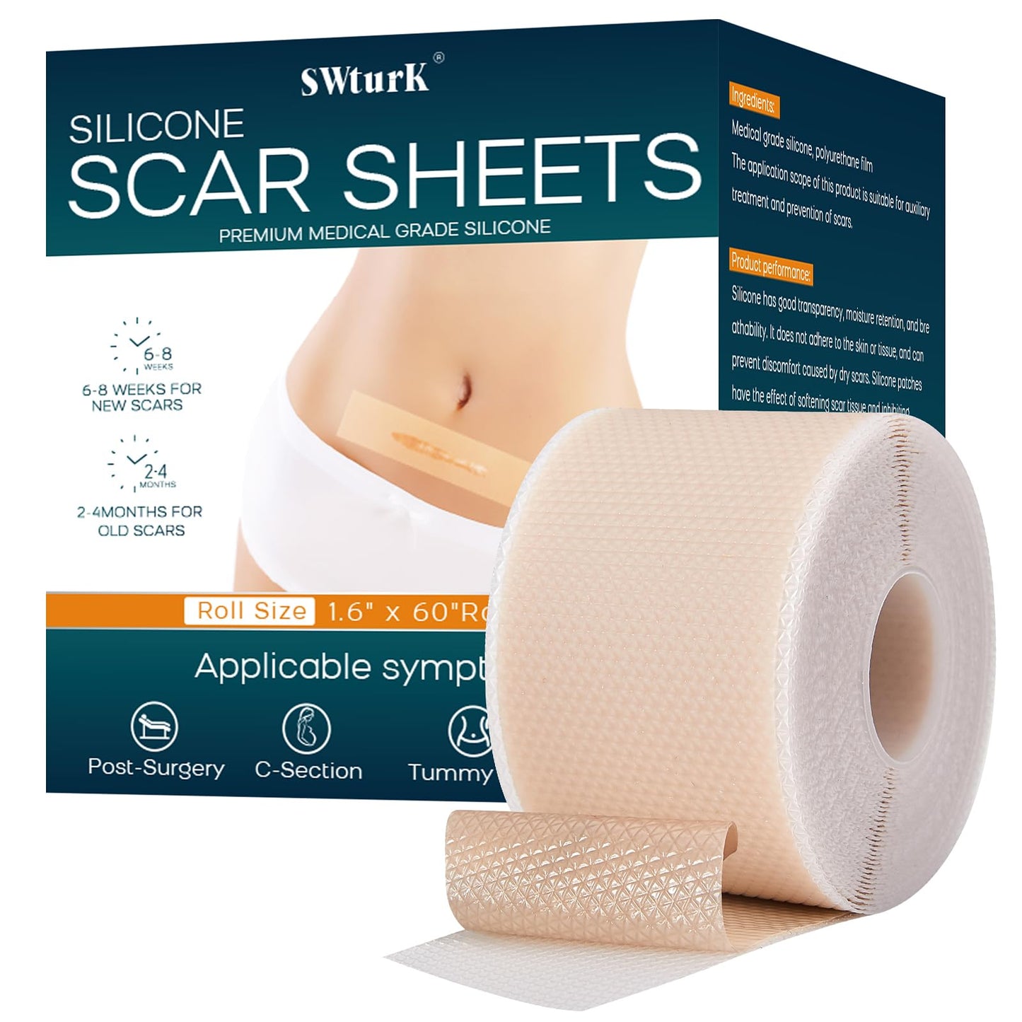 SWturK Silicone Scar Sheets Roll – Medical-Grade Scar Tape for Surgical Scars, C-Section, Tummy Tuck (1.6-in x 60-in)