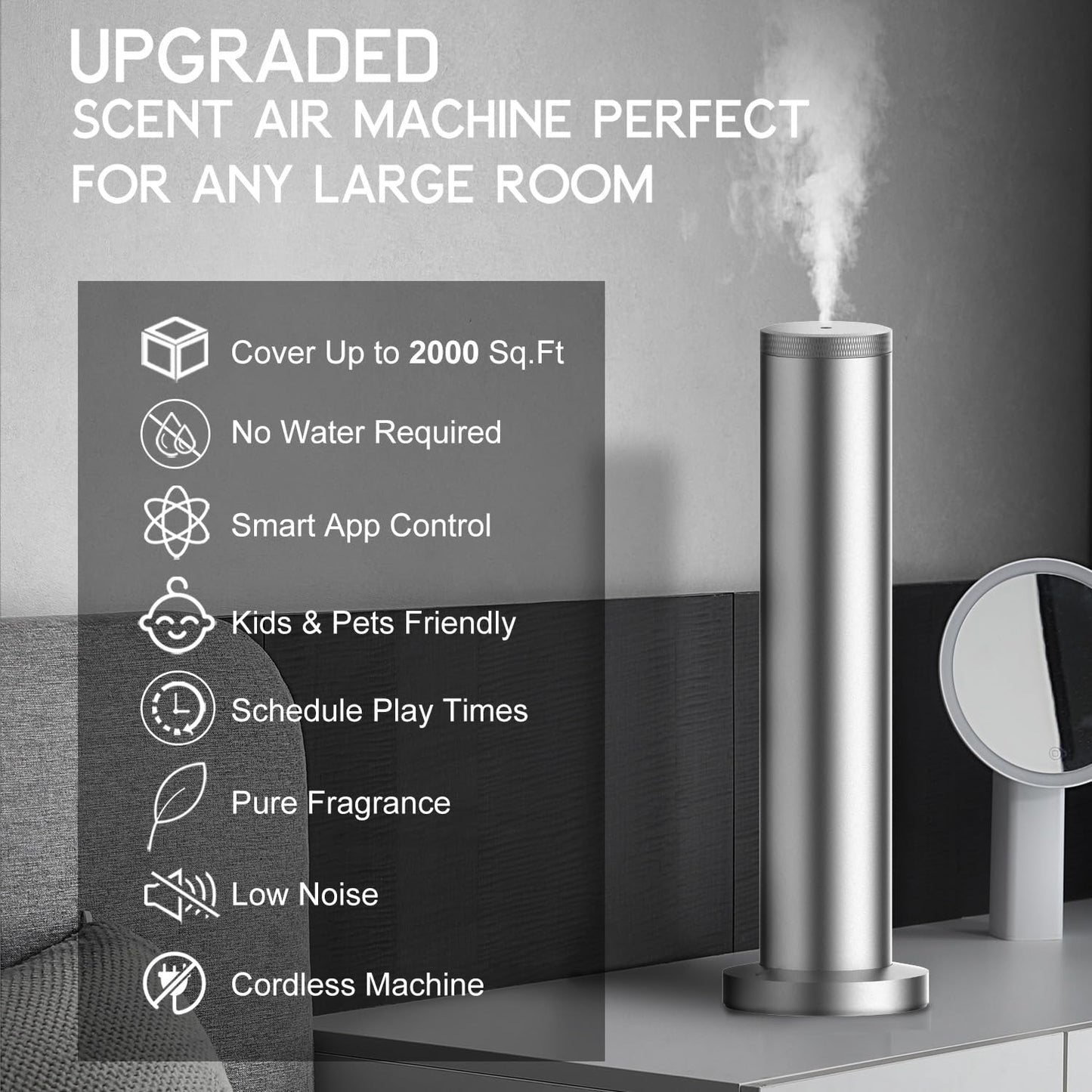 Hotel Scent Diffuser Machine - Cordless Rechargeable Diffuser for Large Rooms | Bluetooth App Control - Silver