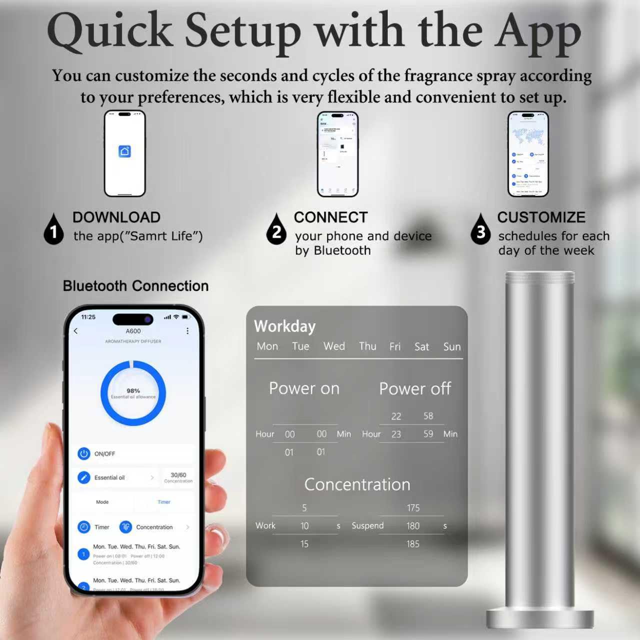 Hotel Scent Diffuser Machine - Cordless Rechargeable Diffuser for Large Rooms | Bluetooth App Control - Silver