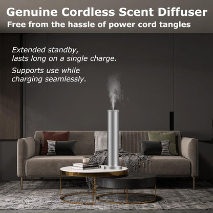 Hotel Scent Diffuser Machine - Cordless Rechargeable Diffuser for Large Rooms | Bluetooth App Control - Silver