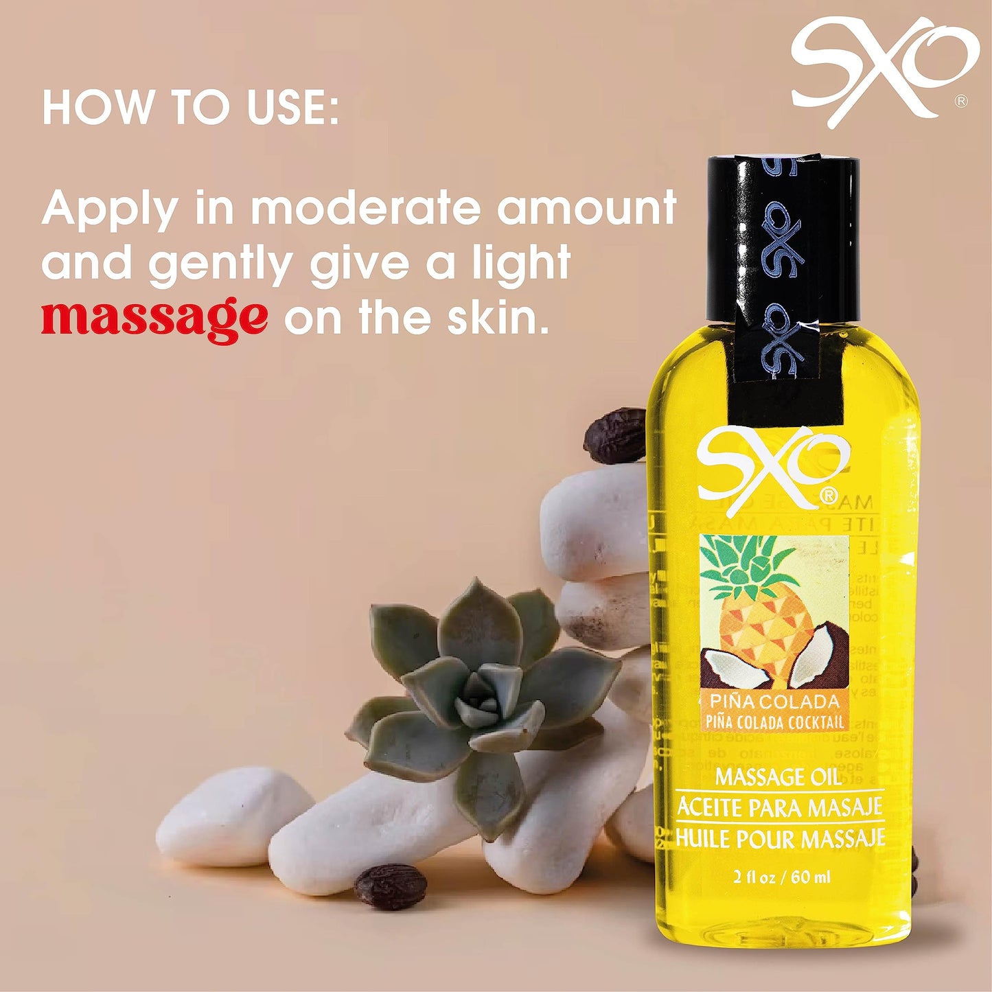 SXO Sensual Massage Oil - Assorted Flavors, Made in Mexico - 2 fl oz Piña Colada