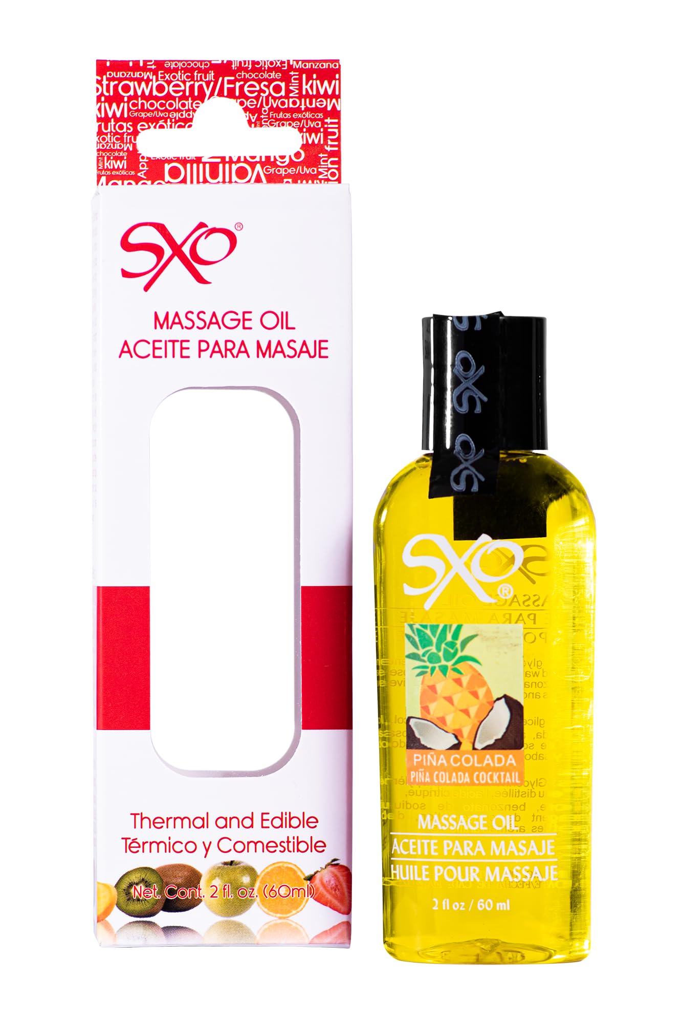 SXO Sensual Massage Oil - Assorted Flavors, Made in Mexico - 2 fl oz Piña Colada