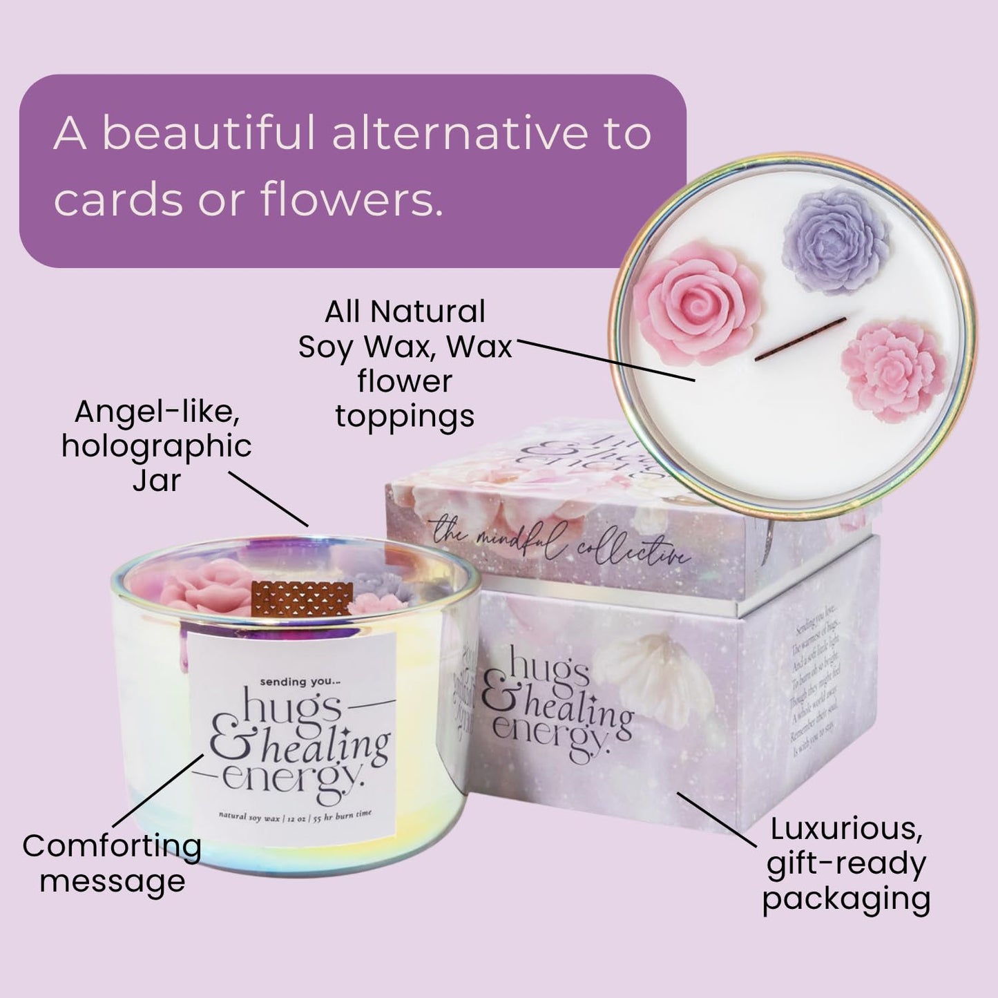Hugs and Healing Energy Sympathy Candle – 12oz Soy Wax, Wooden Wick, Iridescent Glass Jar Memorial Gift