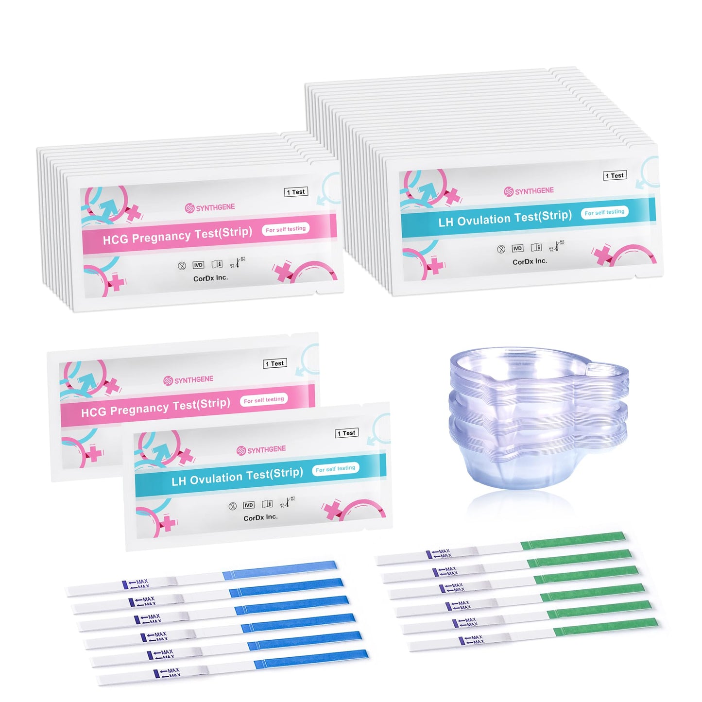 SYNTHGENE Ovulation Test Strips - LH 40, HCG 15 | 40 Ovulation Tests, 15 Pregnancy Tests, 55 Urine Cups