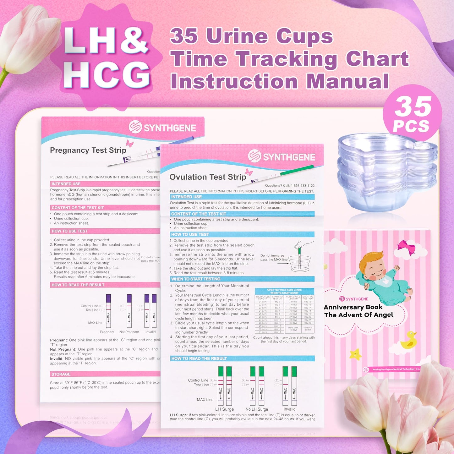 SYNTHGENE Ovulation Test Strips - LH 40, HCG 15 | 40 Ovulation Tests, 15 Pregnancy Tests, 55 Urine Cups