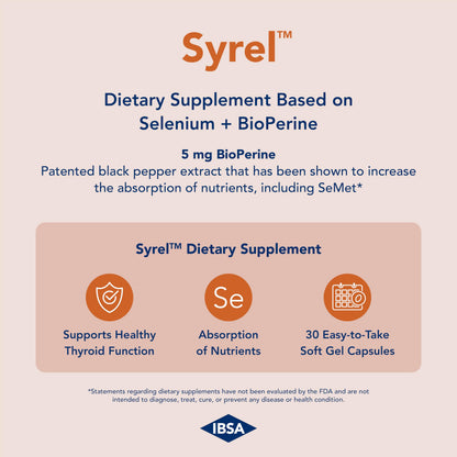 Syrel Thyroid Support Supplement – 100 mcg Selenium, 5 mg BioPerine | 30 Soft Gel Capsules