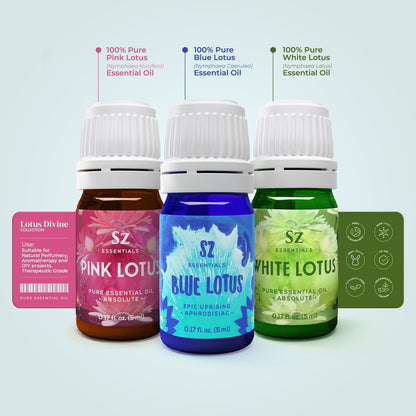 Sz Essentials Lotus Divine Essential Oils – Blue, Pink & White Lotus (3x5ml) – 100% Pure