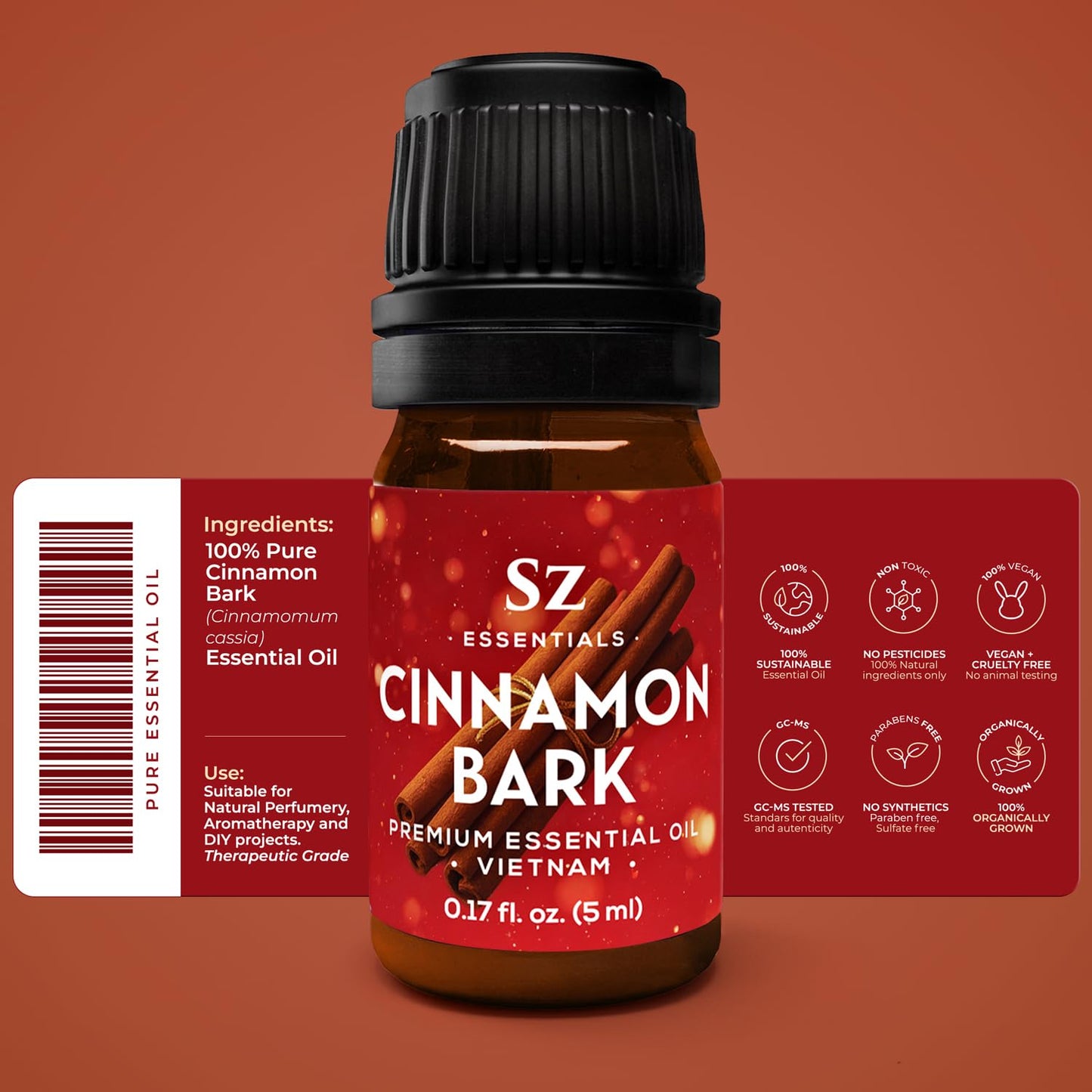 Sz Essentials Cinnamon Bark Essential Oil – 100% Pure & Undiluted (5mL) – Vietnamese Cinnamon, Therapeutic Grade for Aromatherapy
