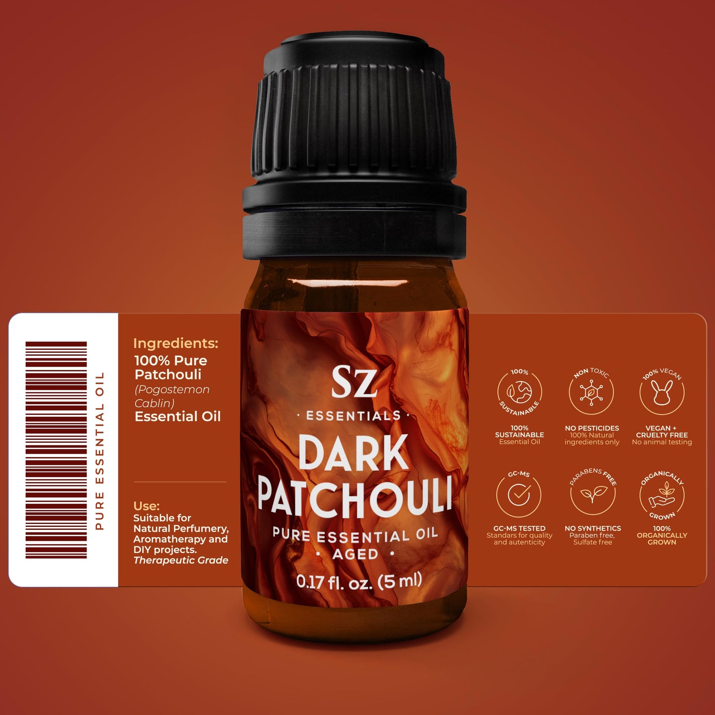 Sz Essentials 5-Year Aged Dark Patchouli Essential Oil – Premium Therapeutic Grade, 0.17 fl oz
