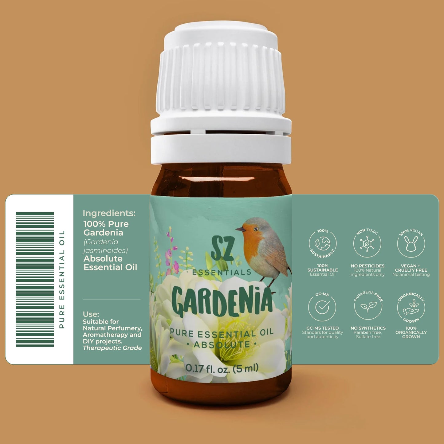 SZ Essentials Gardenia 100% Pure Essential Oil | Gardenia Jasminoides | Floral Sweet Scent • Therapeutic Grade & Vegan • 0.17oz (5ml)