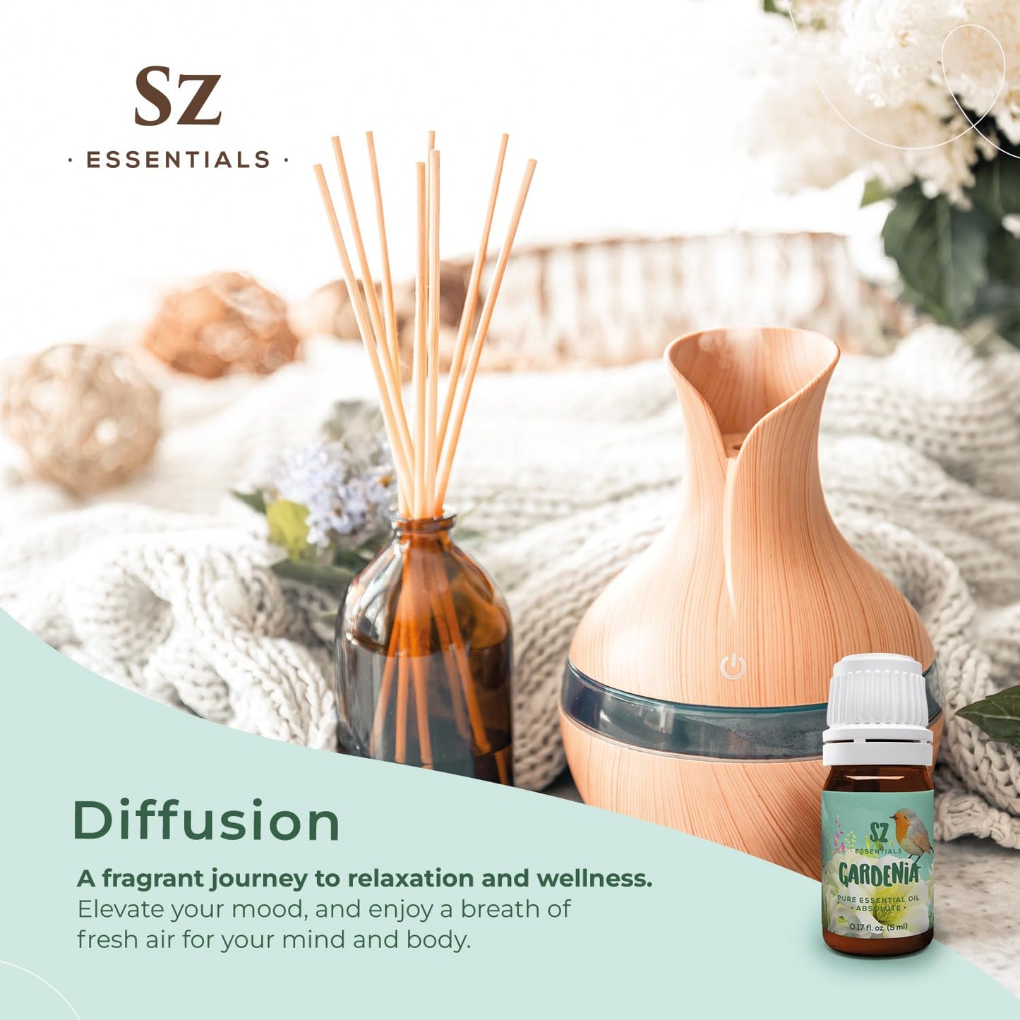 SZ Essentials Gardenia 100% Pure Essential Oil | Gardenia Jasminoides | Floral Sweet Scent • Therapeutic Grade & Vegan • 0.17oz (5ml)