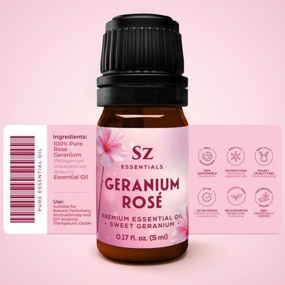 Sz Essentials – Geranium Rosé Essential Oil 5mL – 100% Pure & Natural (Pelargonium graveolens var. roseum) – Vegan & Therapeutic Grade