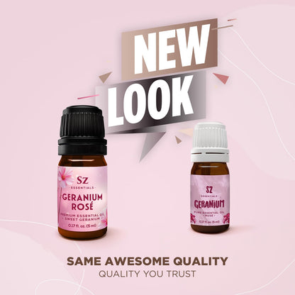 Sz Essentials – Geranium Rosé Essential Oil 5mL – 100% Pure & Natural (Pelargonium graveolens var. roseum) – Vegan & Therapeutic Grade