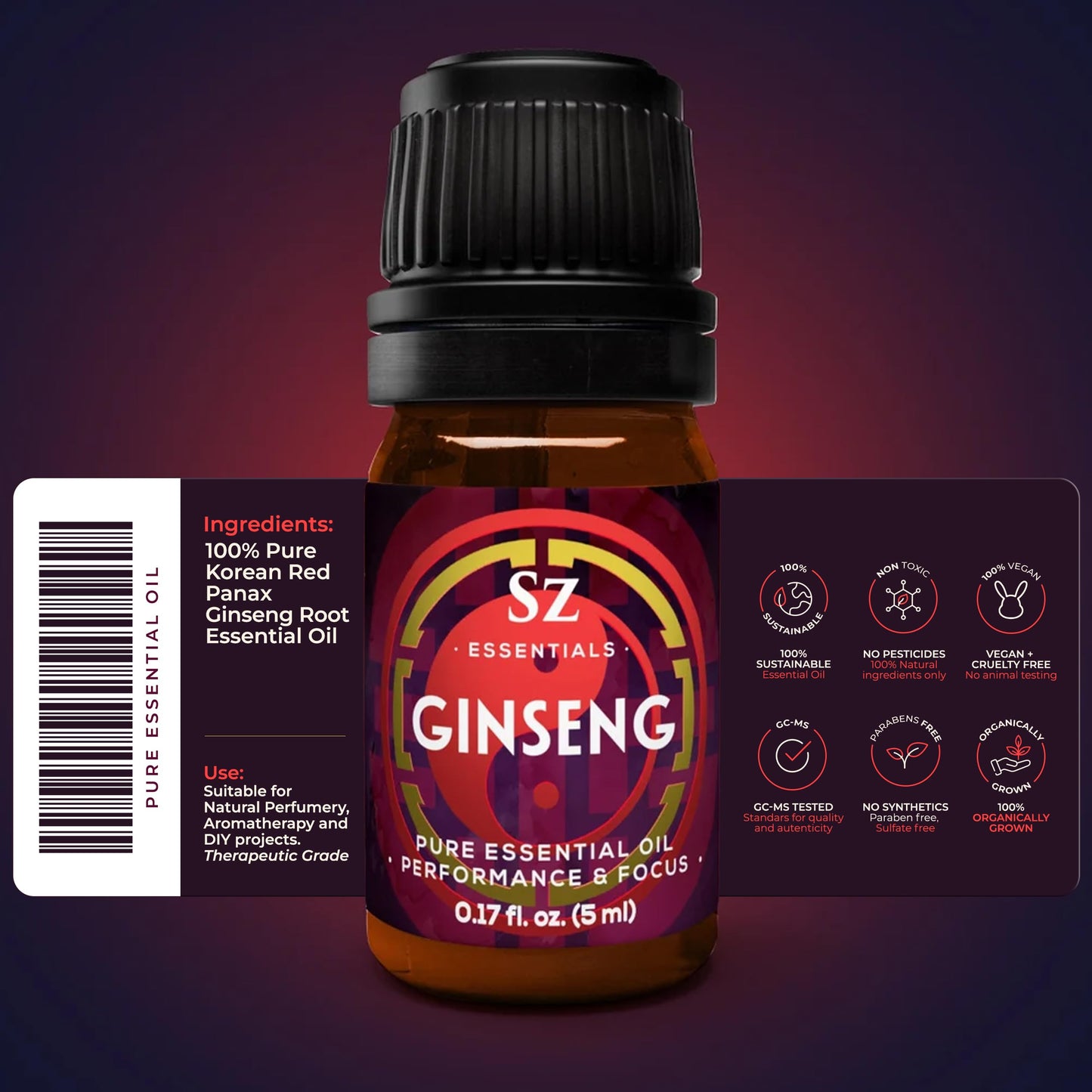 SZ Essentials Ginseng Essential Oil - 100% Pure Korean Red Panax (5ml) | Therapeutic Grade & Vegan