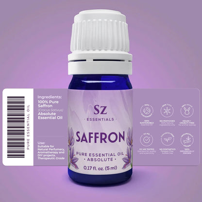Sz Essentials Saffron Essential Oil – 100% Pure, Therapeutic Grade, Vegan (0.17oz/5ml)