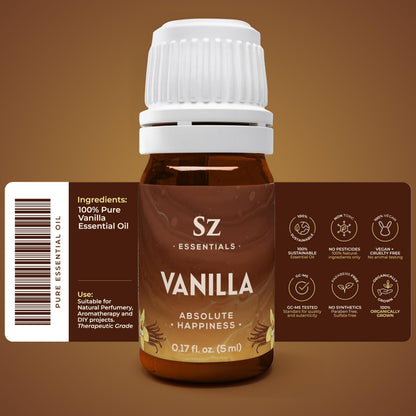 Sz Essentials Vanilla Essential Oil – 100% Pure, Undiluted, Therapeutic Grade (5ml)