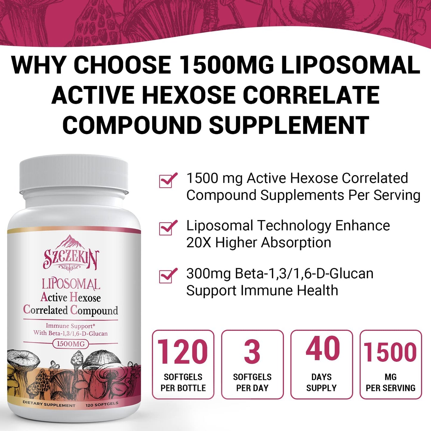 SZCZEKIN 1500mg Liposomal AHCC Supplement – 120 Soft Gels, Immune & Liver Support, 8-Mushroom Blend