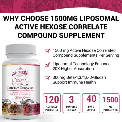 SZCZEKIN 1500mg Liposomal AHCC Supplement – 120 Soft Gels, Immune & Liver Support, 8-Mushroom Blend