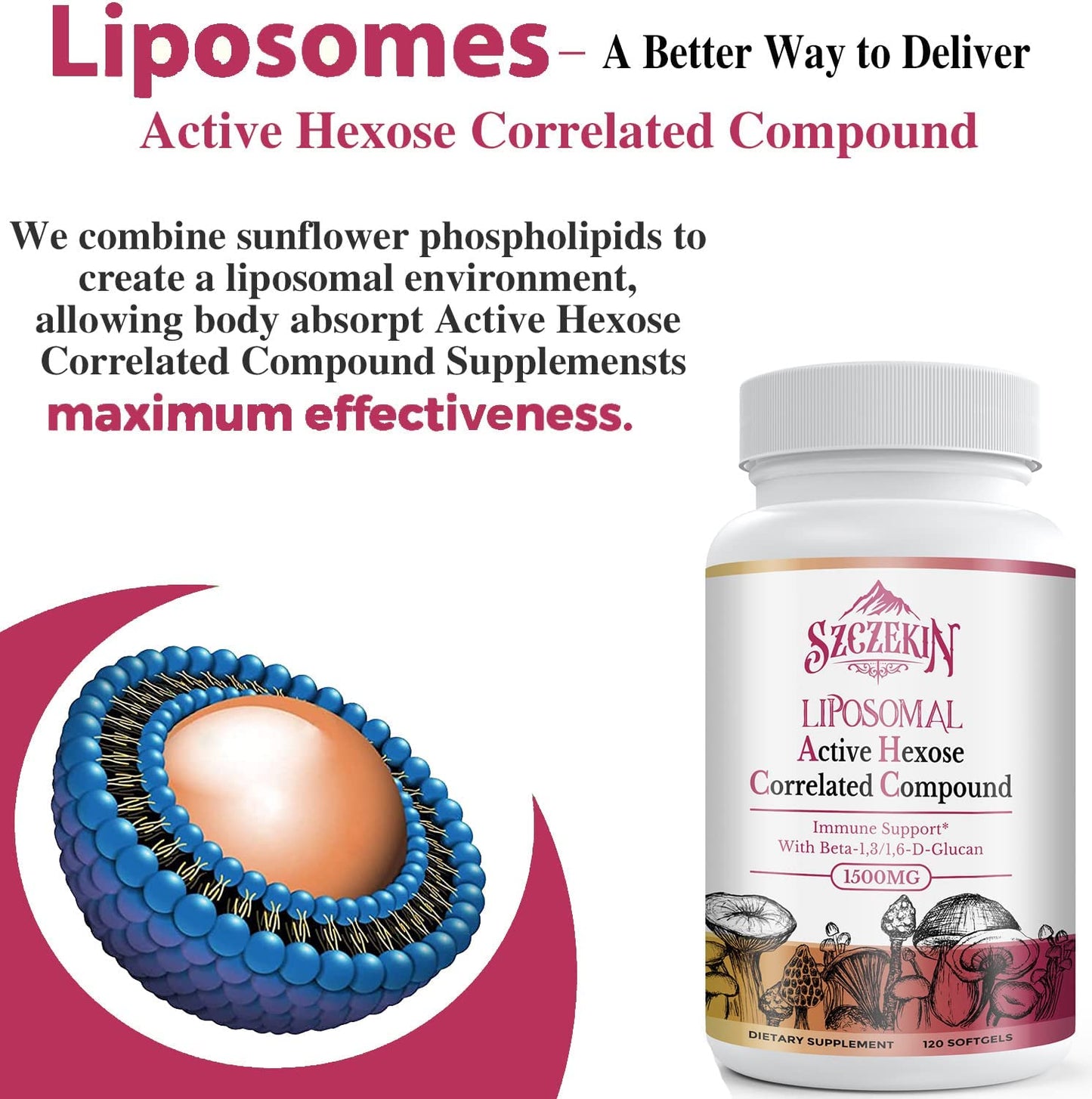 SZCZEKIN 1500mg Liposomal AHCC Supplement – 120 Soft Gels, Immune & Liver Support, 8-Mushroom Blend