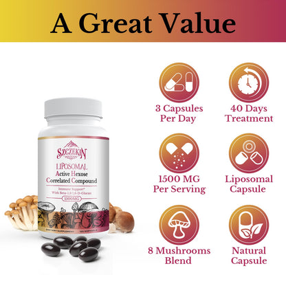 SZCZEKIN 1500mg Liposomal AHCC Supplement – 120 Soft Gels, Immune & Liver Support, 8-Mushroom Blend