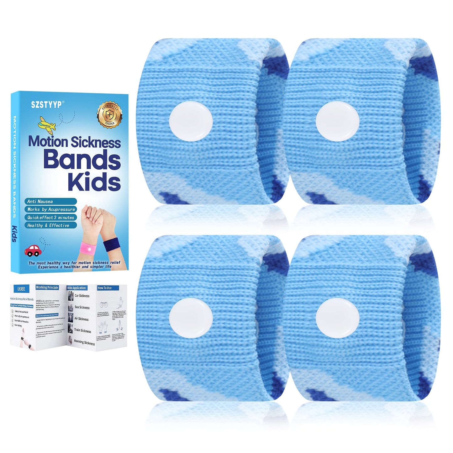 SZSTYYP Motion Sickness Bands for Kids – 2 Pairs Blue/Red Acupressure Wristbands for Travel