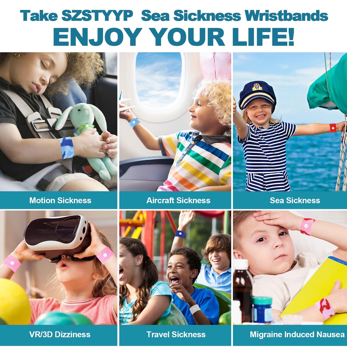 SZSTYYP Motion Sickness Bands for Kids – Travel Sickness Relief Wristbands (Blue/Red)