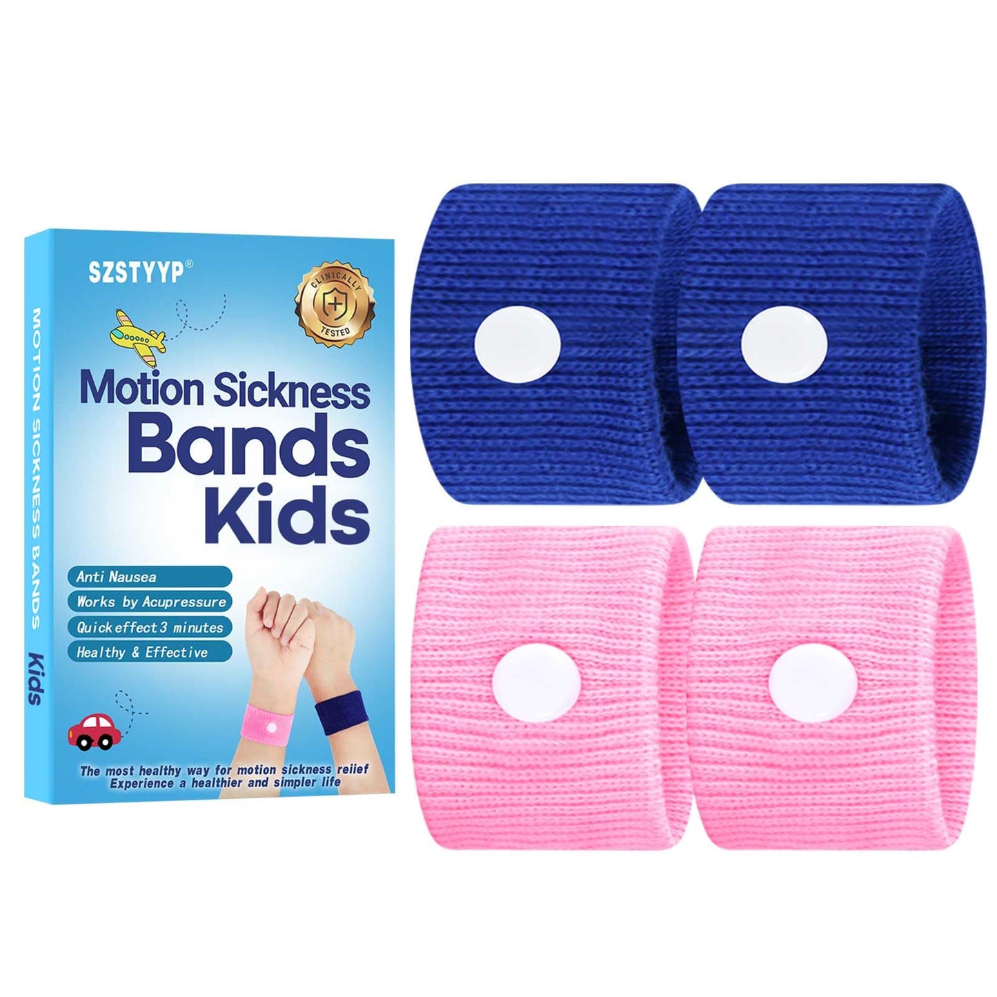SZSTYYP Motion Sickness Bands for Kids - Non-Drug Travel Nausea Relief (Pink & Blue)