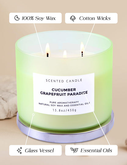 T&H Cucumber Grapefruit Paradise 3-Wick Soy Candle | 15.8 oz Fresh Citrus Aromatherapy