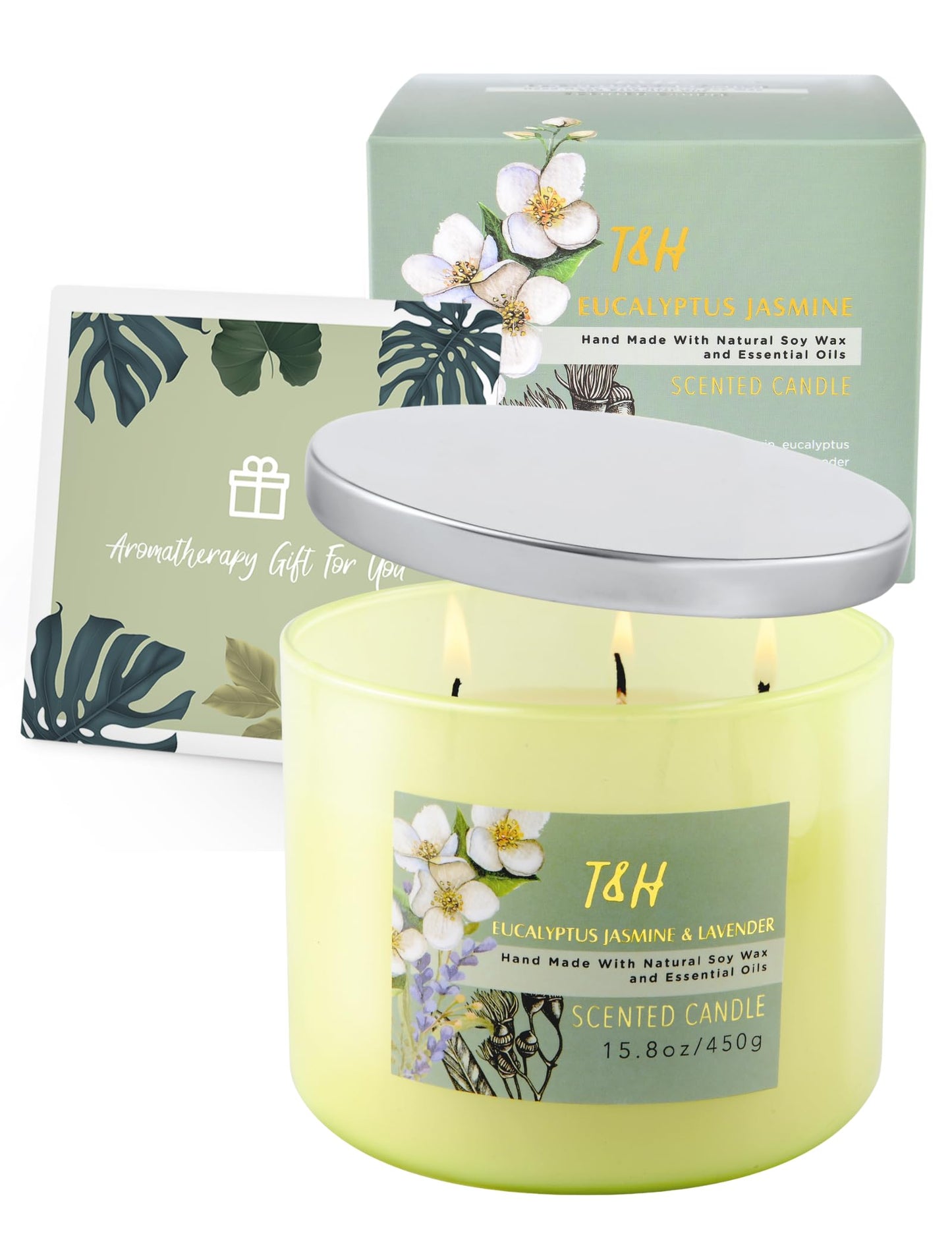 T&H Eucalyptus Jasmine Lavender 3-Wick Soy Candle 15.8 oz | Long-Lasting Clean Burn