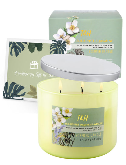 T&H Eucalyptus Jasmine Lavender 3-Wick Soy Candle 15.8 oz | Long-Lasting Clean Burn