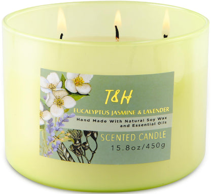 T&H Eucalyptus Jasmine Lavender 3-Wick Soy Candle 15.8 oz | Long-Lasting Clean Burn