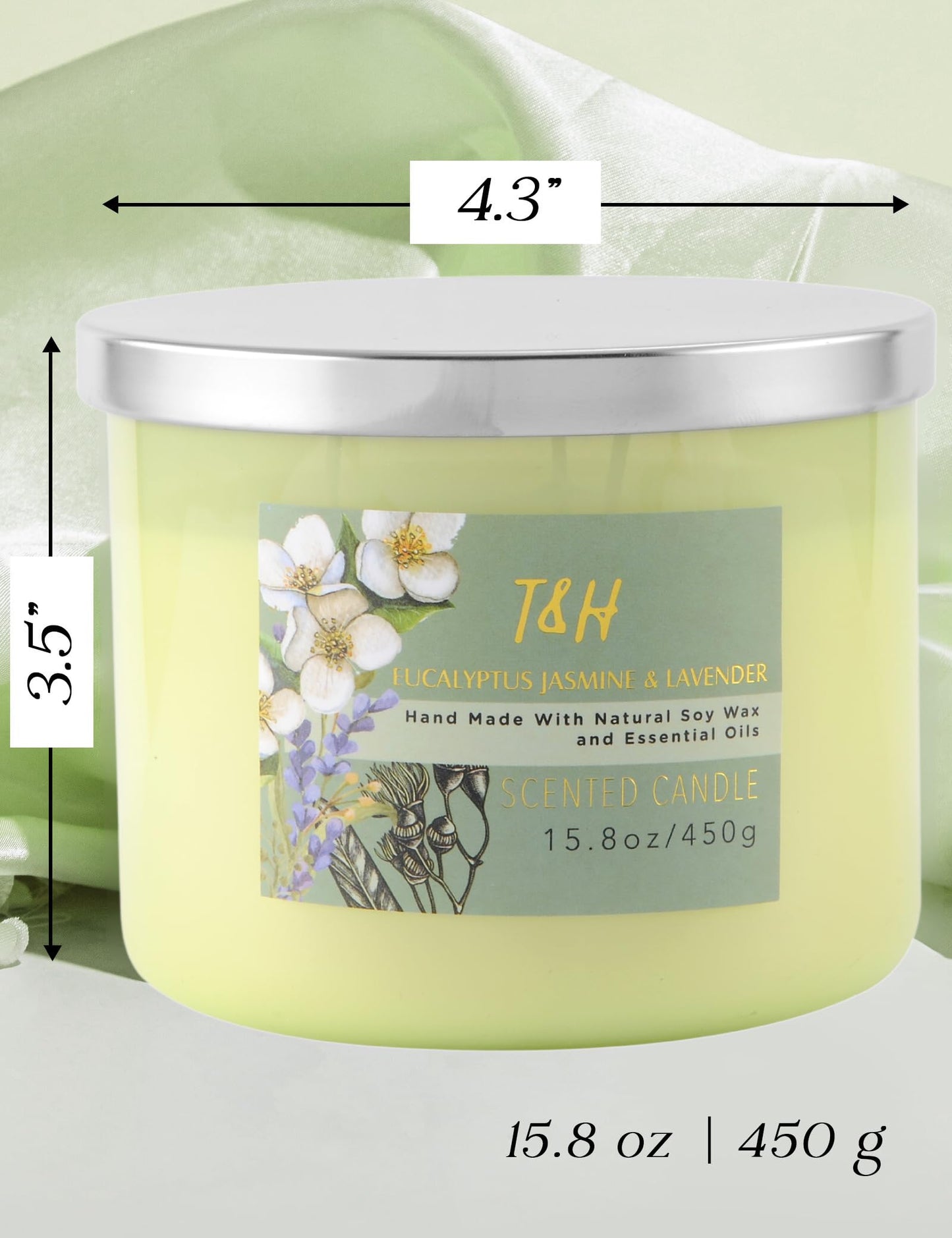 T&H Eucalyptus Jasmine Lavender 3-Wick Soy Candle 15.8 oz | Long-Lasting Clean Burn