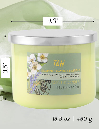 T&H Eucalyptus Jasmine Lavender 3-Wick Soy Candle 15.8 oz | Long-Lasting Clean Burn