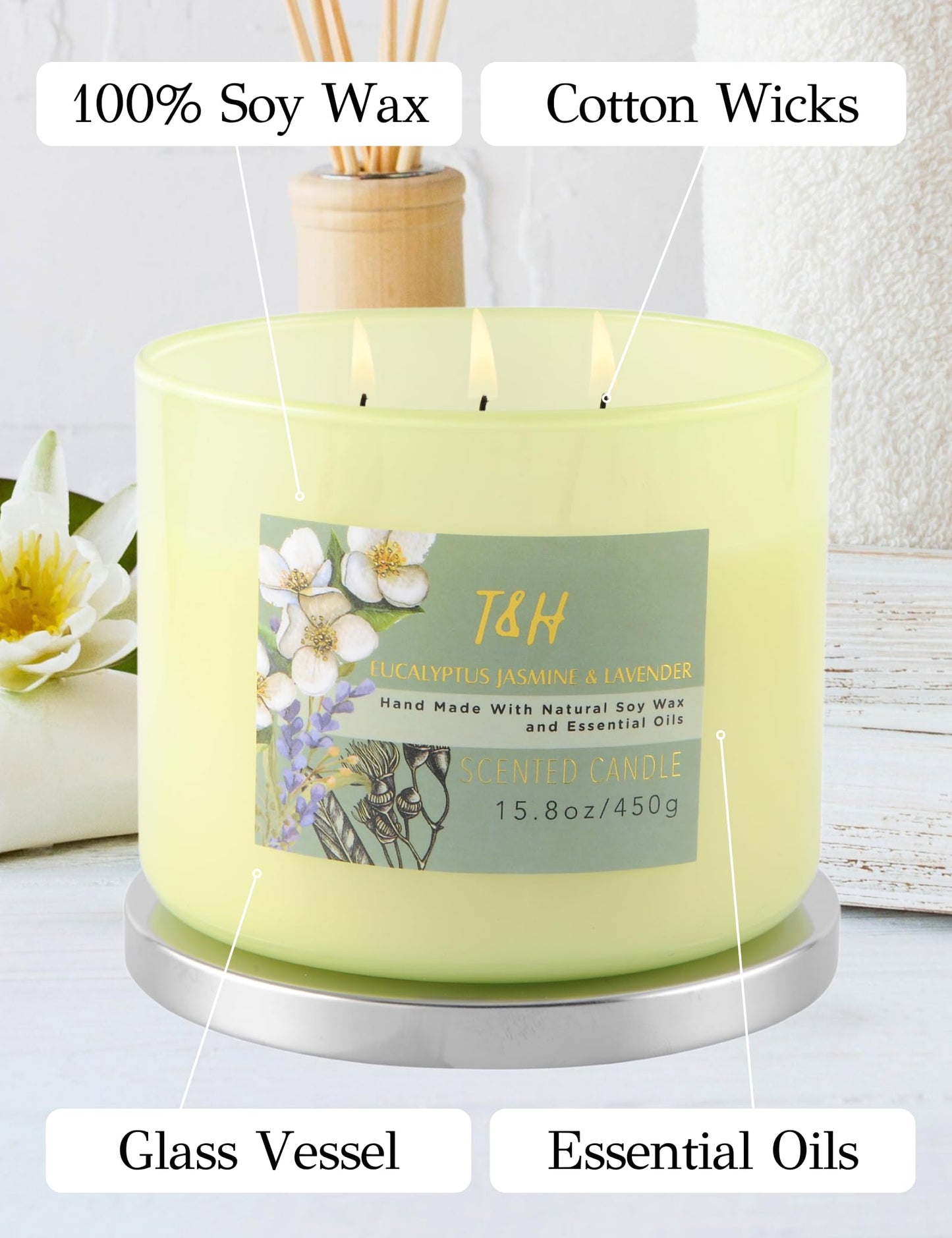 T&H Eucalyptus Jasmine Lavender 3-Wick Soy Candle 15.8 oz | Long-Lasting Clean Burn