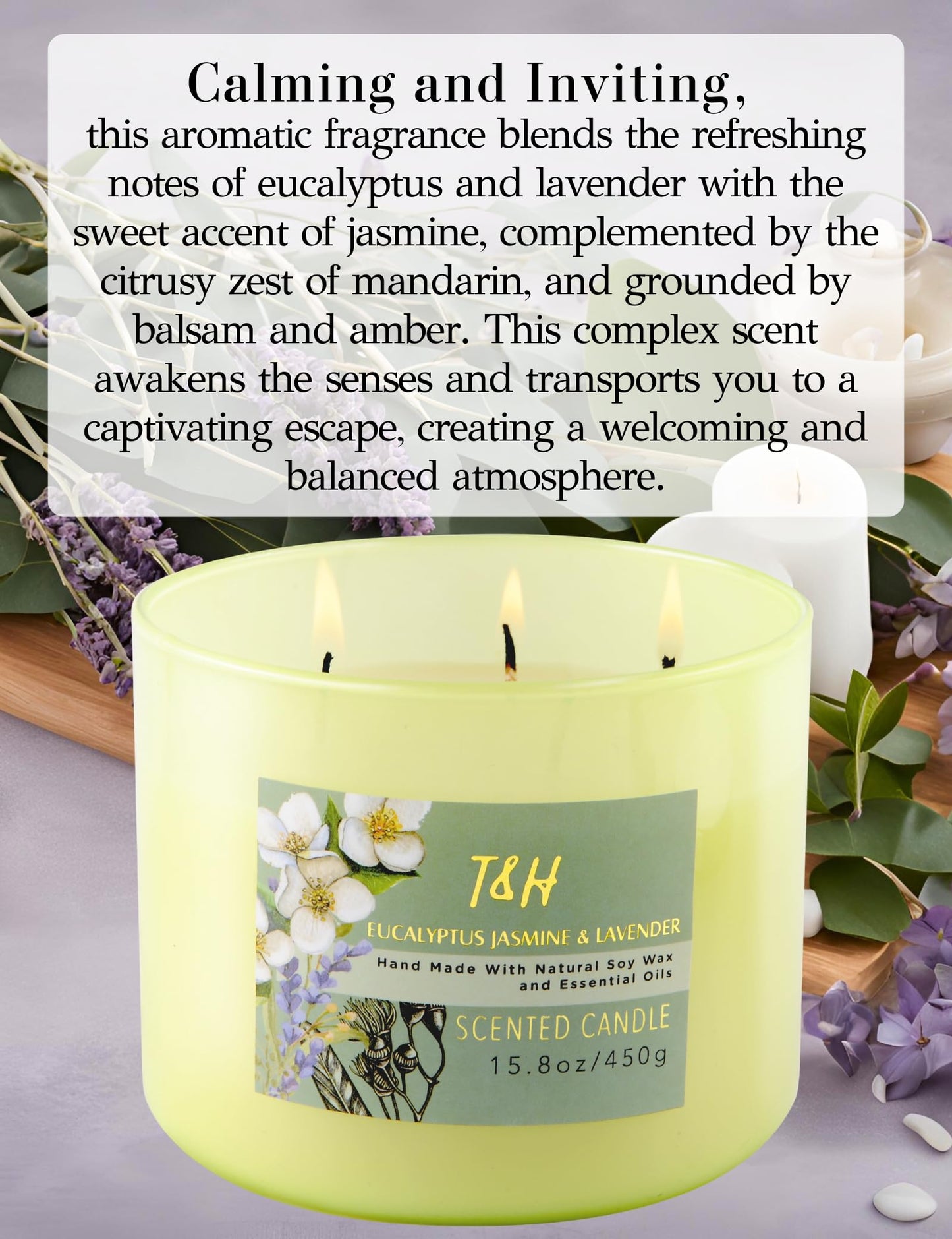 T&H Eucalyptus Jasmine Lavender 3-Wick Soy Candle 15.8 oz | Long-Lasting Clean Burn