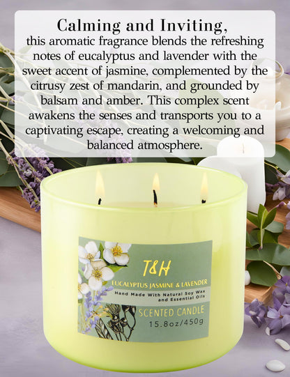 T&H Eucalyptus Jasmine Lavender 3-Wick Soy Candle 15.8 oz | Long-Lasting Clean Burn