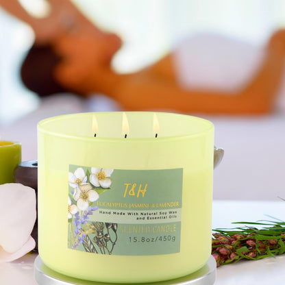 T&H Eucalyptus Jasmine Lavender 3-Wick Soy Candle 15.8 oz | Long-Lasting Clean Burn