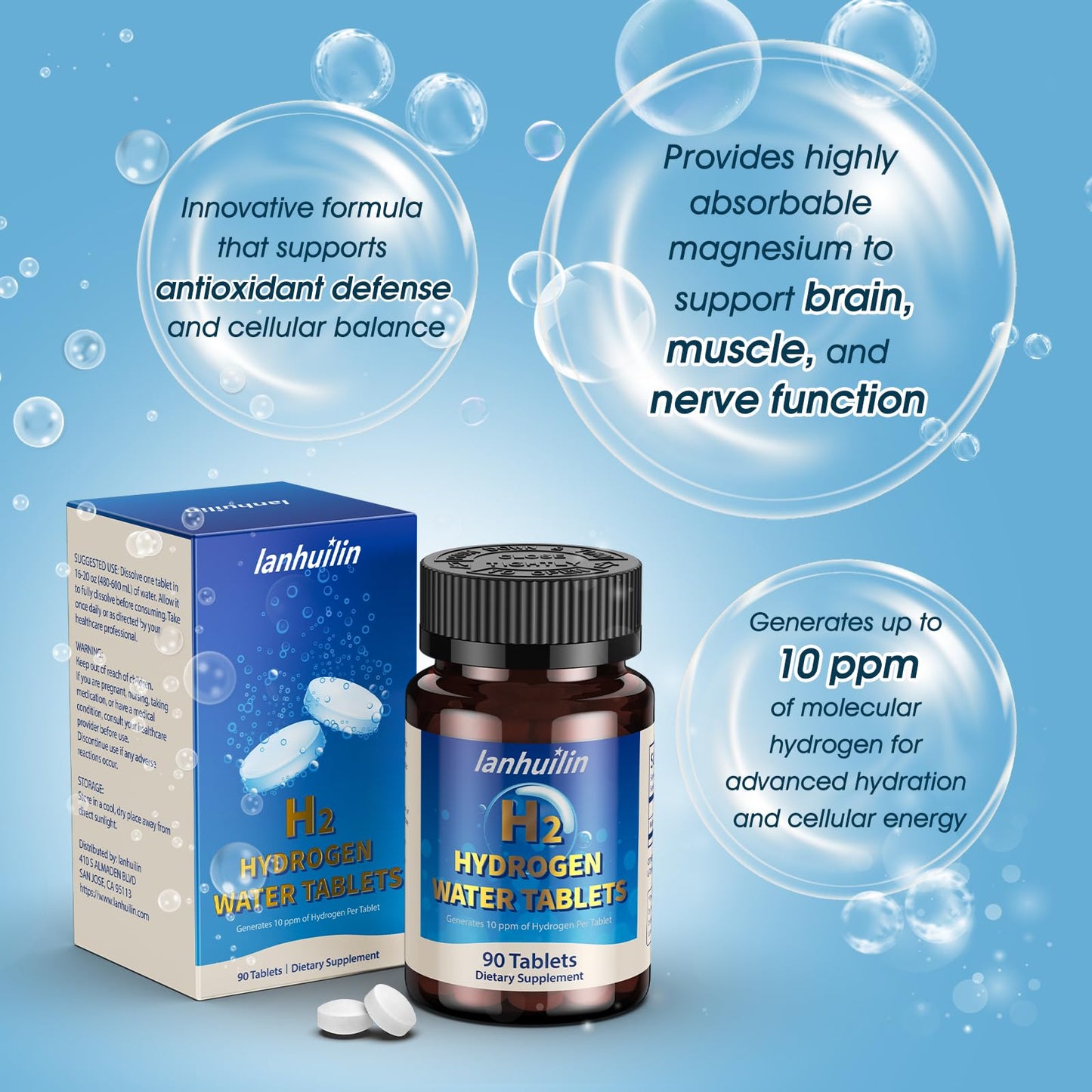 Hydrogen Water Tablets with 150mg Magnesium | 10 ppm H2, 90 Servings