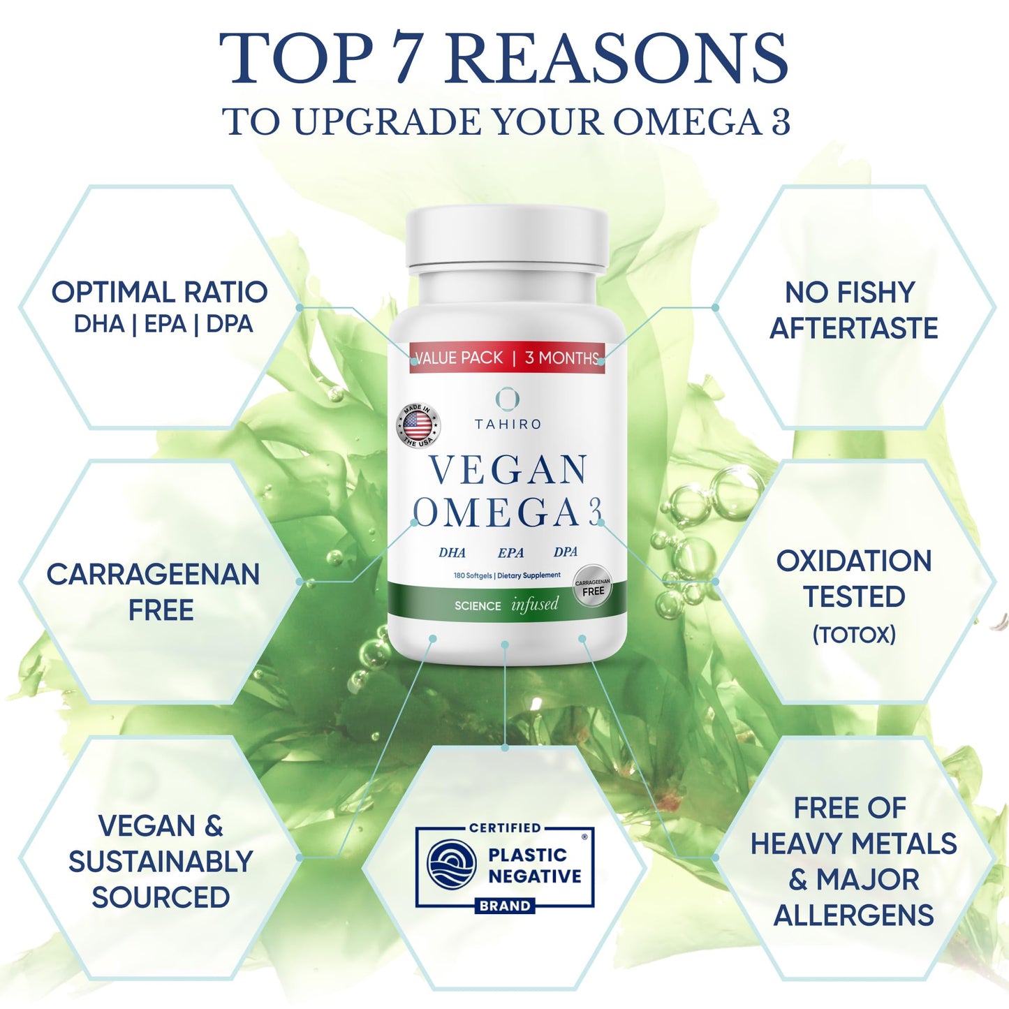TAHIRO Vegan Omega-3 Softgels – 1000mg Plant-Based DHA, EPA & DPA | Brain Health, Prenatal & Joint Support
