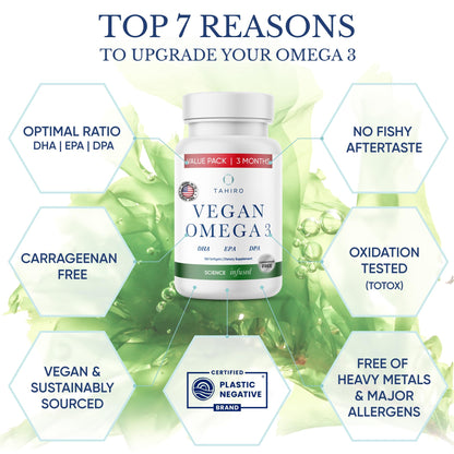 TAHIRO Vegan Omega-3 Softgels – 1000mg Plant-Based DHA, EPA & DPA | Brain Health, Prenatal & Joint Support