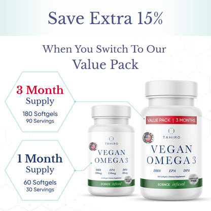 TAHIRO Vegan Omega-3 Softgels – 1000mg Plant-Based DHA, EPA & DPA | Brain Health, Prenatal & Joint Support