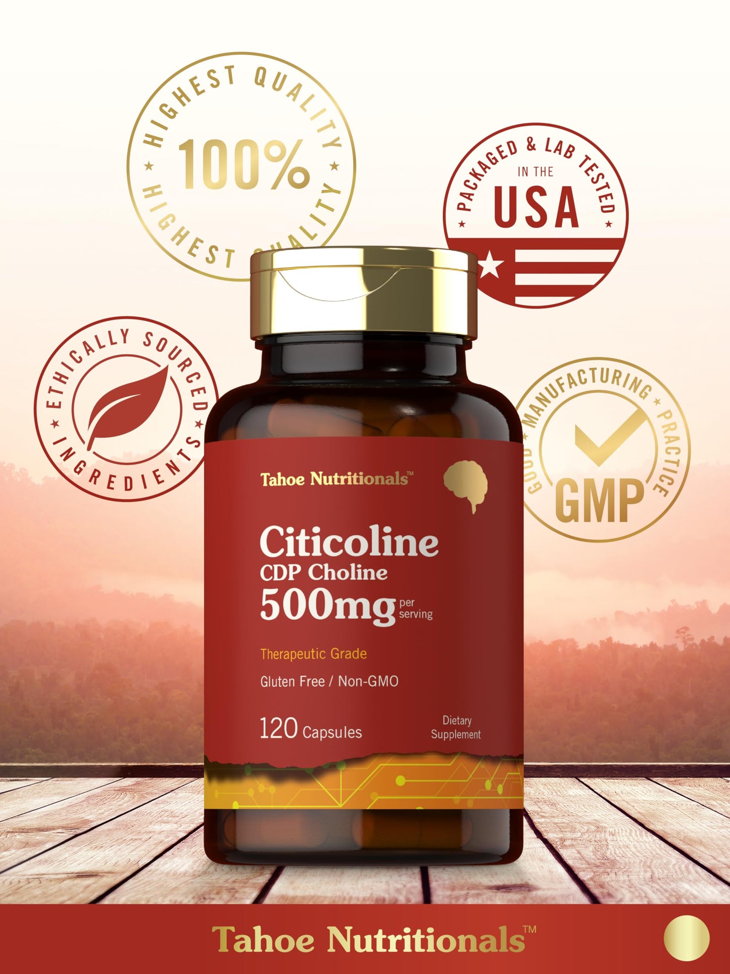 Tahoe Nutritionals Citicoline 500mg | 120 Capsules | CDP Choline Supplements | Therapeutic Grade | Gluten Free, Non-GMO