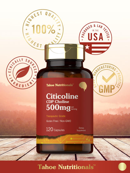 Tahoe Nutritionals Citicoline 500mg | 120 Capsules | CDP Choline Supplements | Therapeutic Grade | Gluten Free, Non-GMO
