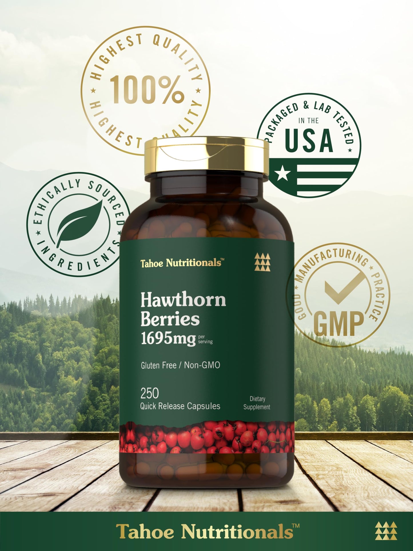 Tahoe Nutritionals Hawthorn Berry Capsules – 1695 mg per Serving, 250 Count – Non-GMO, Gluten Free
