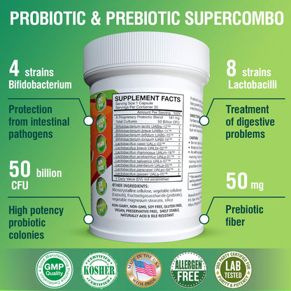 TAIGASEA 50B CFU Probiotic & Prebiotic for Women & Men – 12 Strains, 30 Veggie Capsules