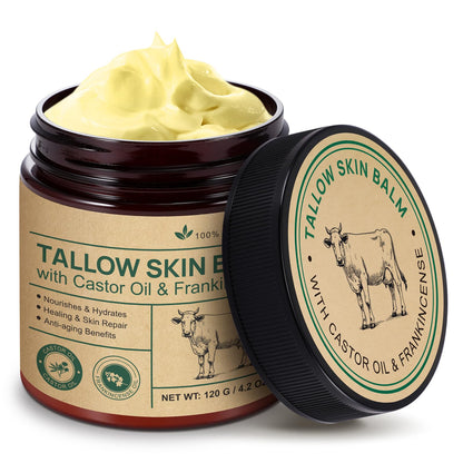 Tallow Frankincense Balm – Grass-Fed Beef Tallow + Castor Oil & Frankincense (4.2 oz)
