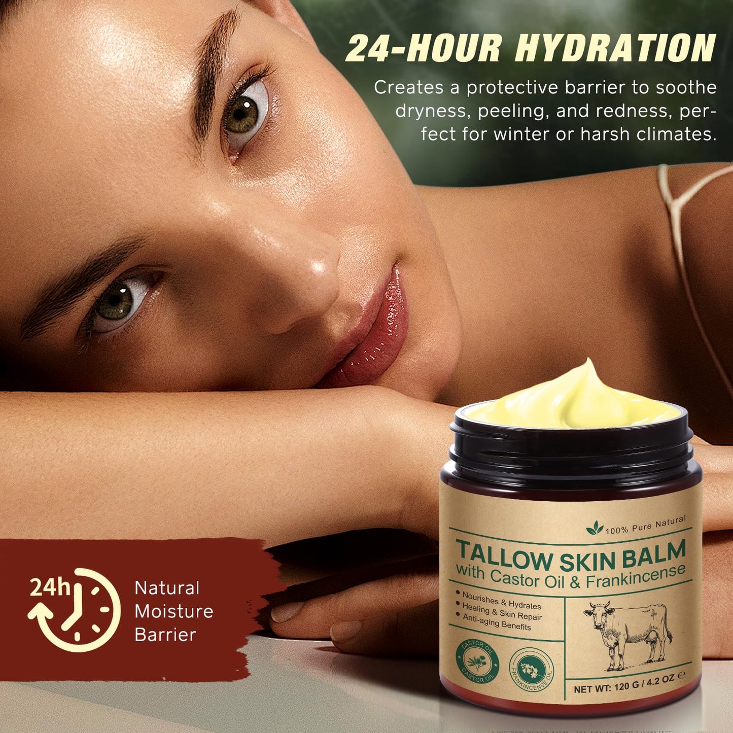 Tallow Frankincense Balm – Grass-Fed Beef Tallow + Castor Oil & Frankincense (4.2 oz)