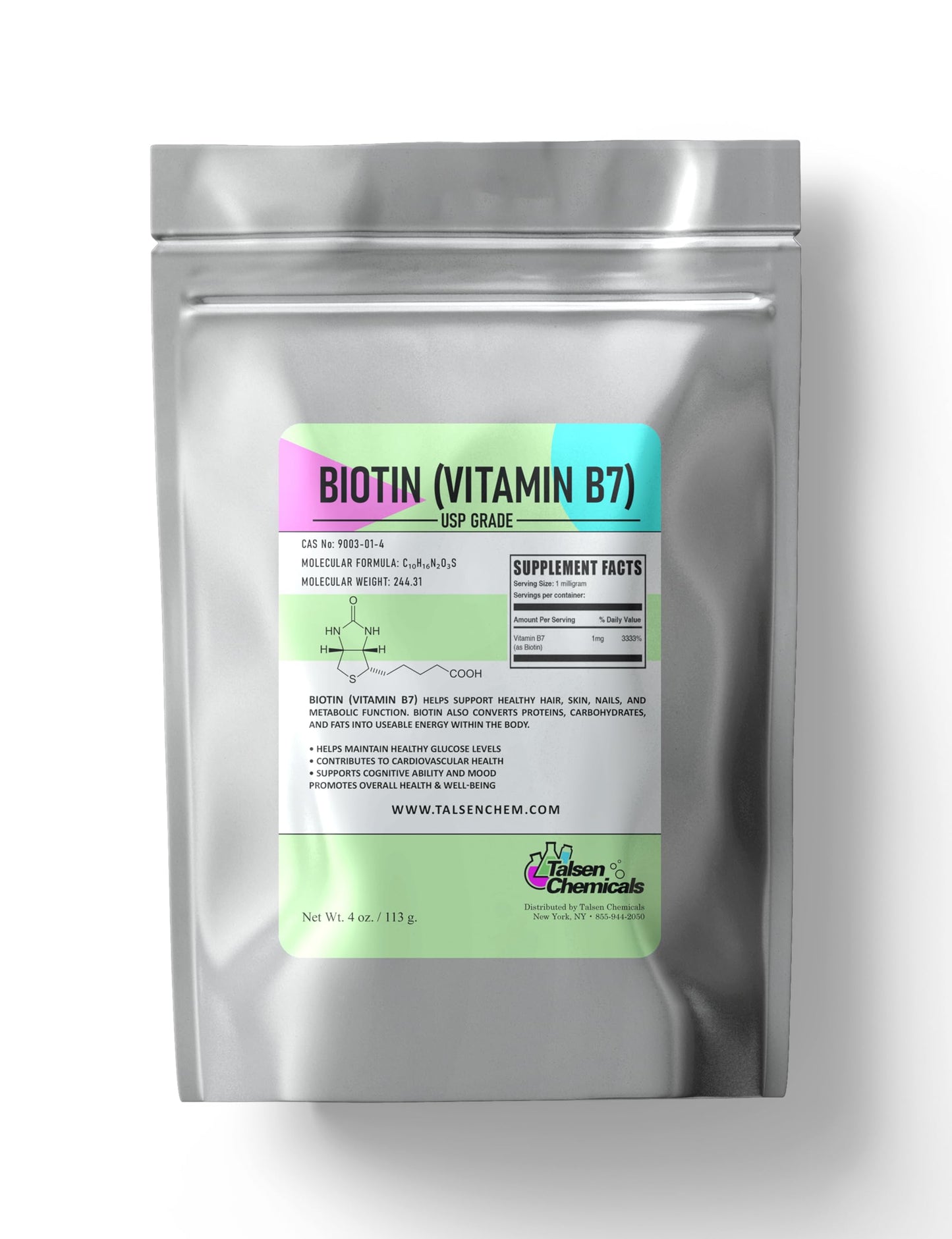 Biotin (Vitamin B7) Powder – Talsen Chemicals | Hair, Skin & Nail Health, Non-GMO, Gluten-Free, 4 oz