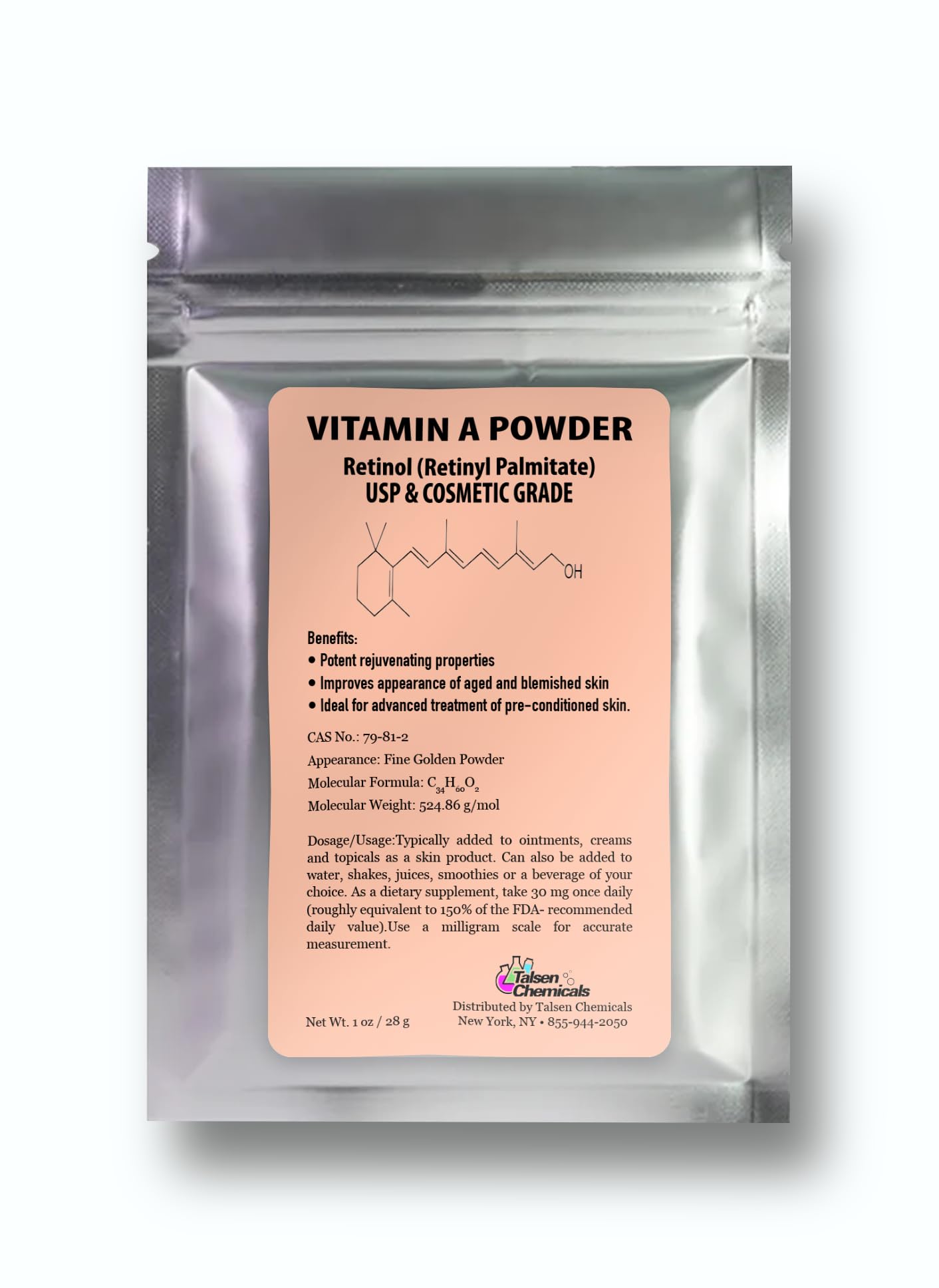 Vitamin A Powder – Retinyl Palmitate & Retinol (1 oz / 28 g) USP & Cosmetic Grade | Talsen